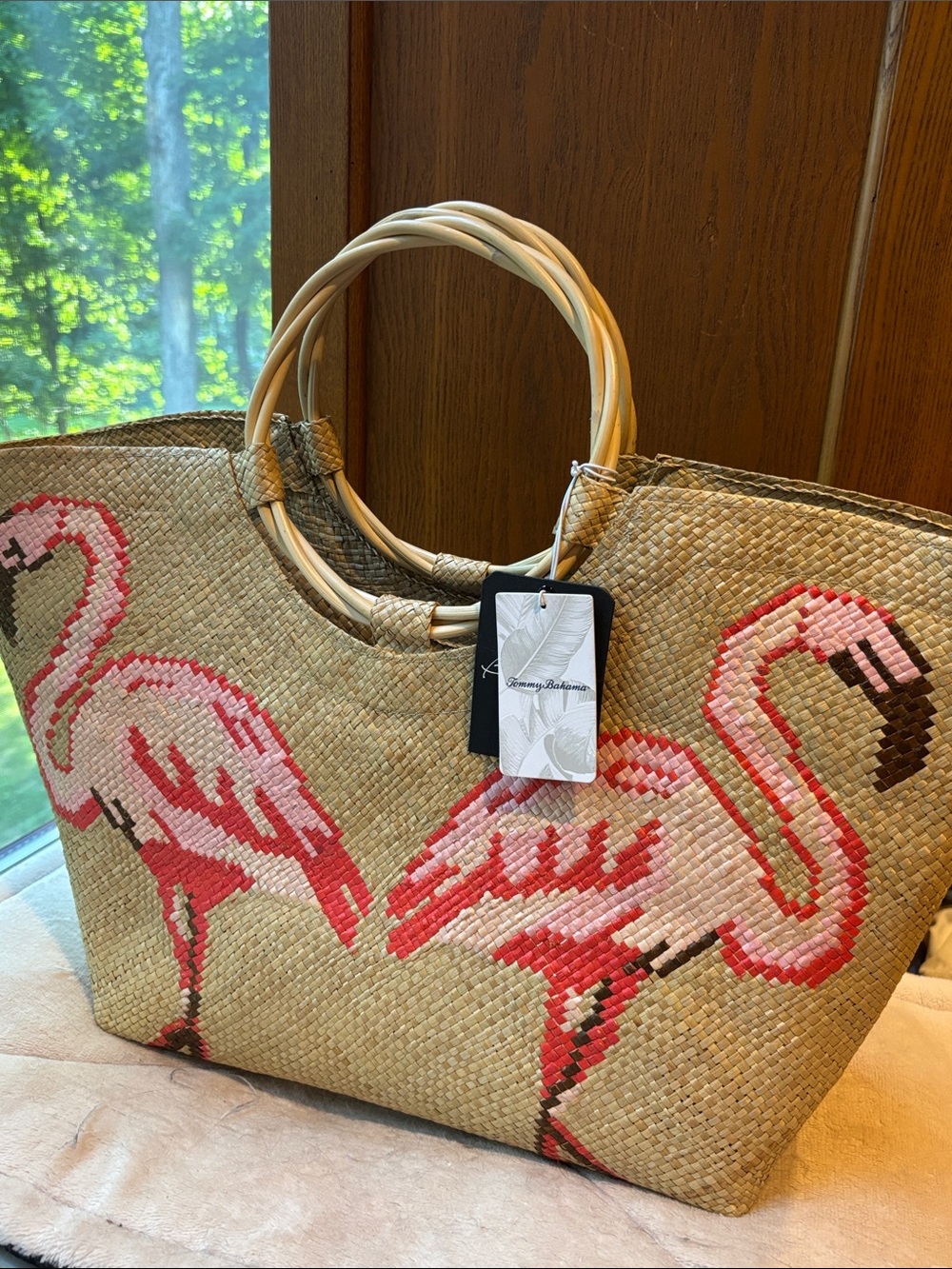 NWT Tommy Bahama X Banago Hand woven Flamingo Woven Tote - Picture 2 of 14